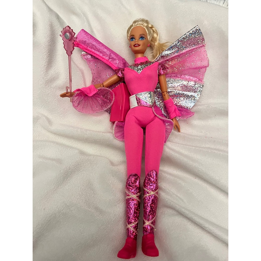 Vintage 1994 Mattel Flying Hero Barbie Pink Doll Hot Pink Glitter Jumpsuit